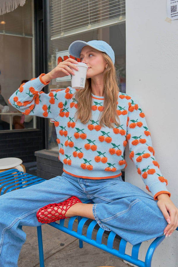 fuzzy cherry sweater | blue