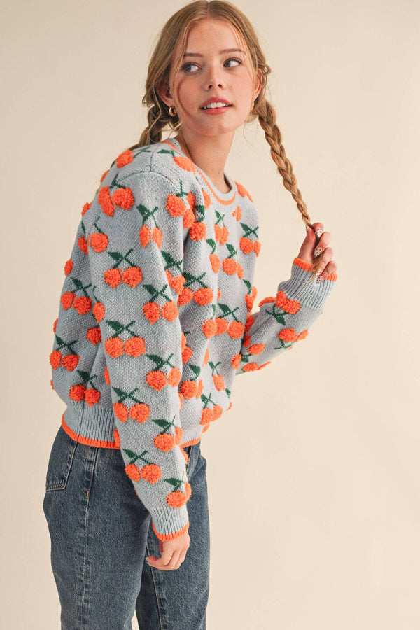 fuzzy cherry sweater | blue