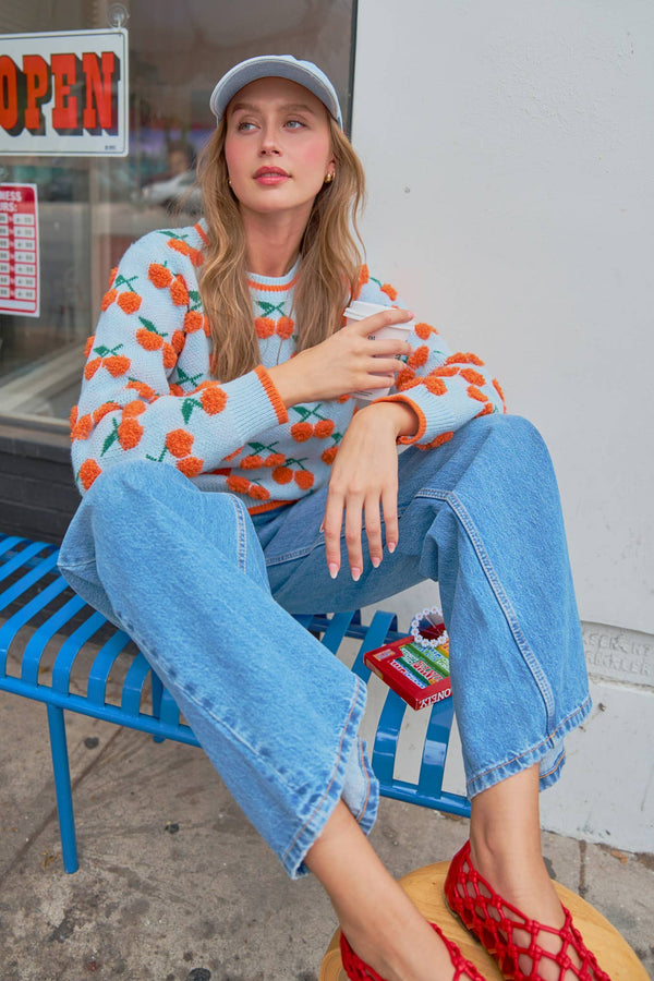 fuzzy cherry sweater | blue