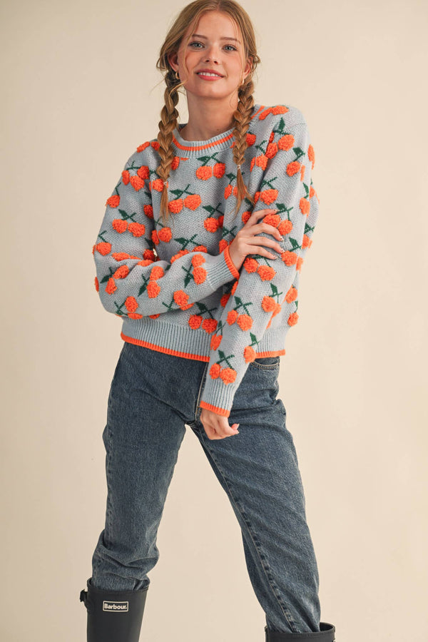 fuzzy cherry sweater | blue