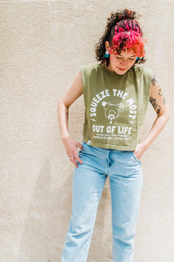 squeeze the most out of life | faded army boxy muscle tee