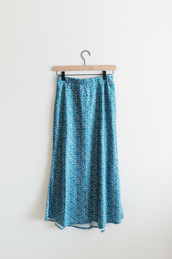 floral satin midi skirt | blue + rust