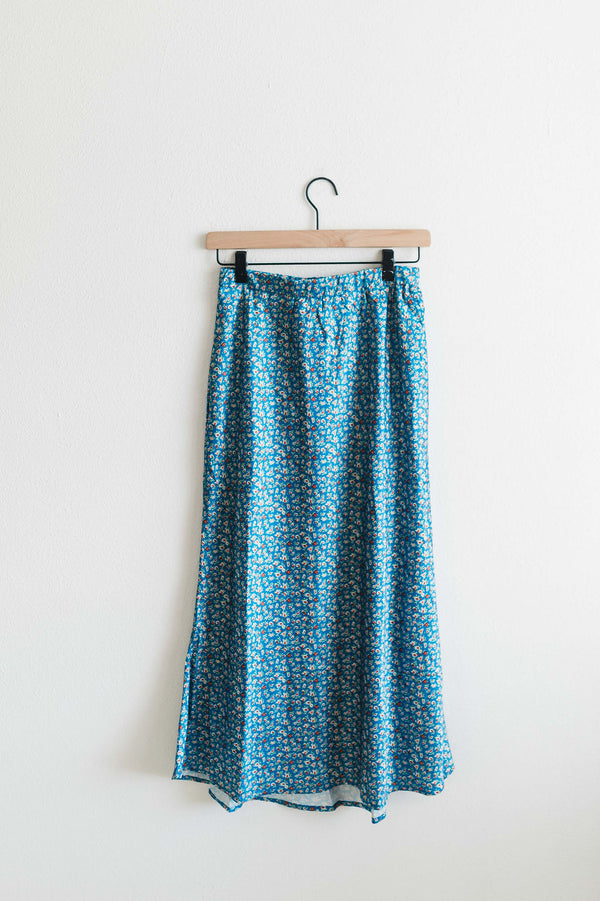 floral satin midi skirt | blue + rust