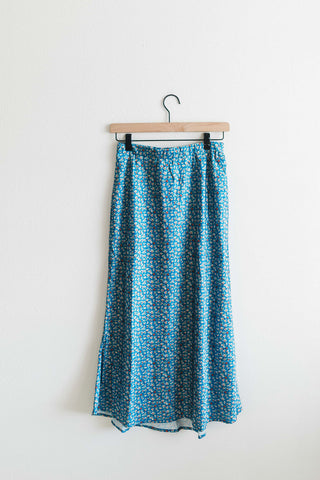 floral satin midi skirt | blue + rust