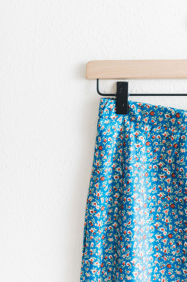 floral satin midi skirt | blue + rust