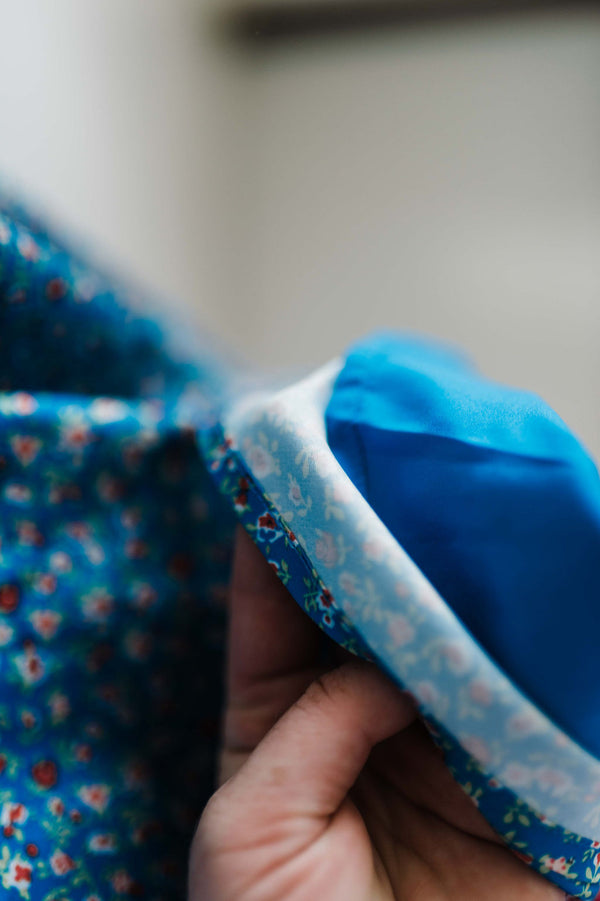 floral satin midi skirt | blue + rust