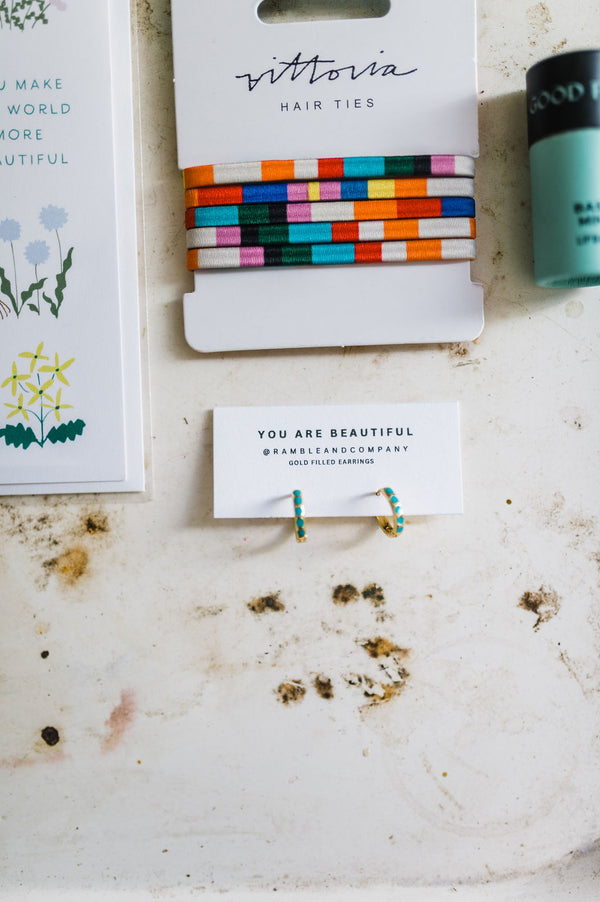 turquoise + gold huggies | gold filled earrings