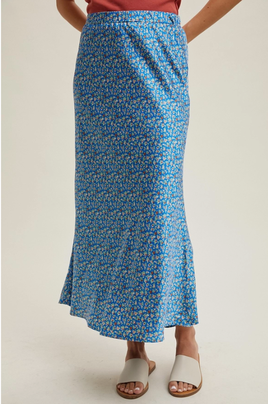 floral satin midi skirt | blue + rust