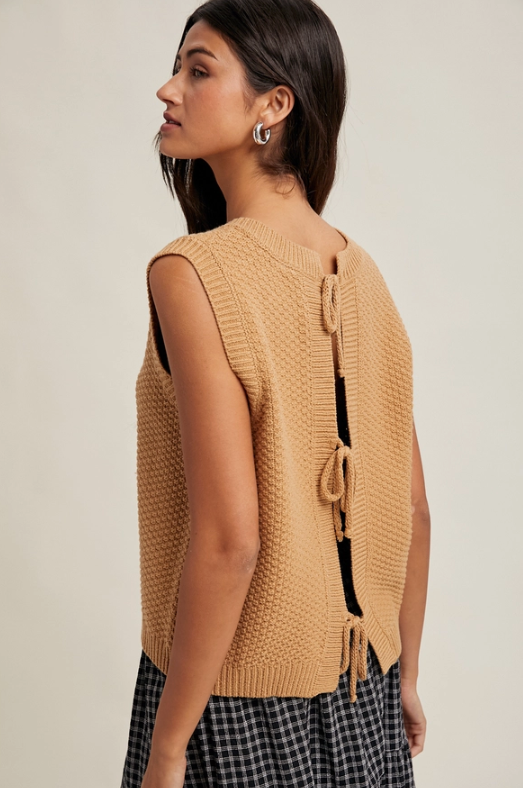 textured self back ties sweater vest | caramel