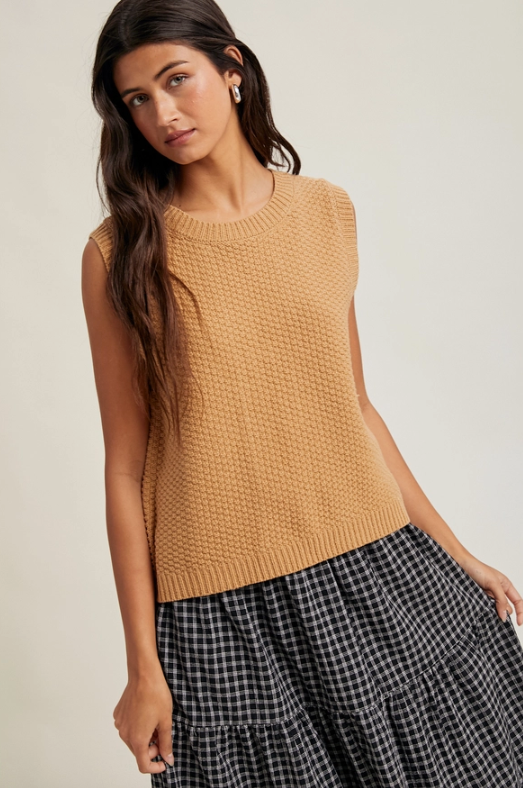 textured self back ties sweater vest | caramel