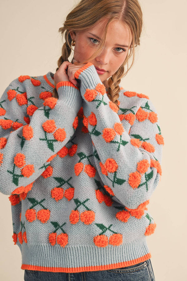 fuzzy cherry sweater | blue