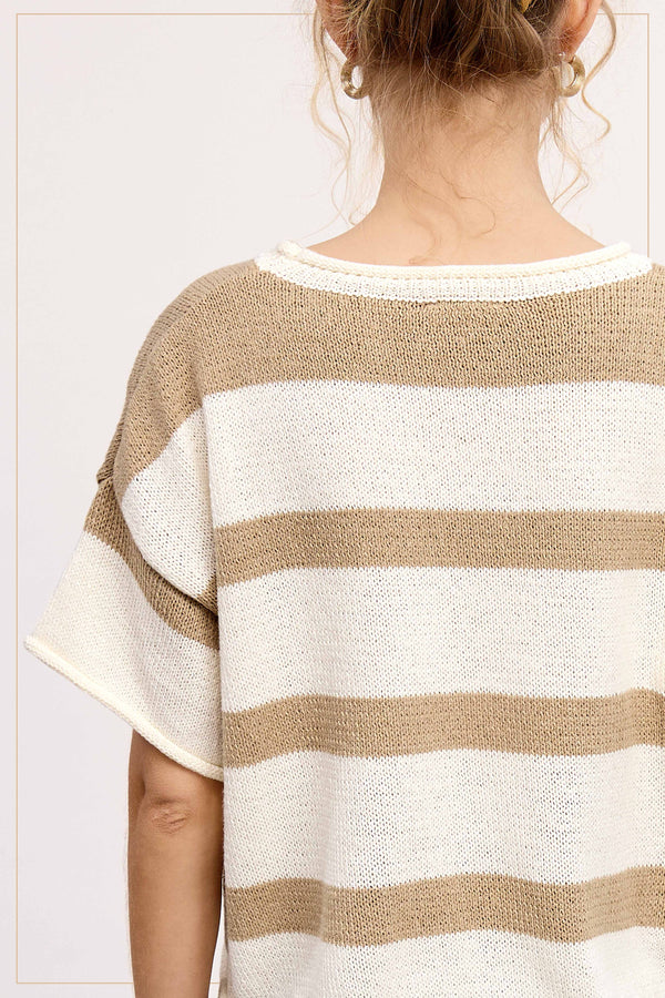 boxy stripe sweater top | taupe + cream
