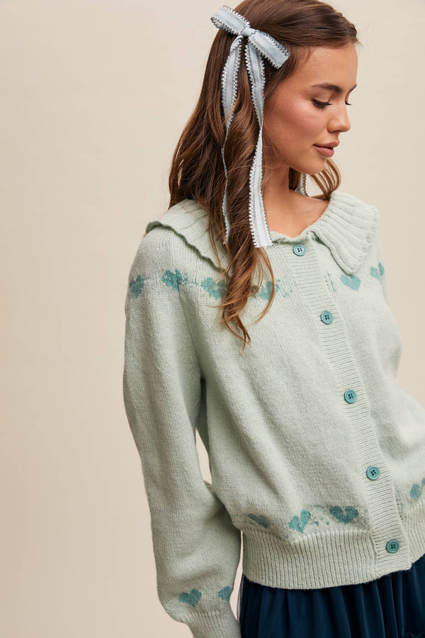 heart pattern knit cardigan | aqua mint