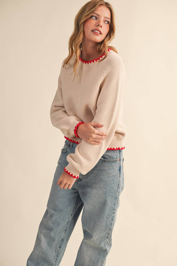 scallop puff sleeve sweater | almond red