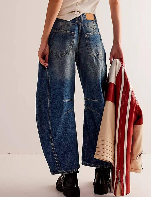 mid-rise wide leg barrel pants | dark blue