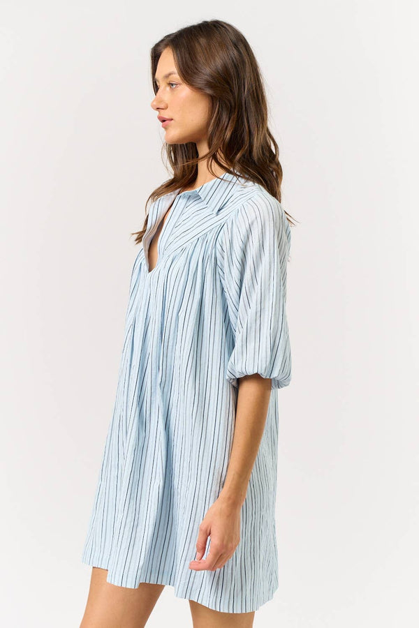 striped puff sleeve dress | blue