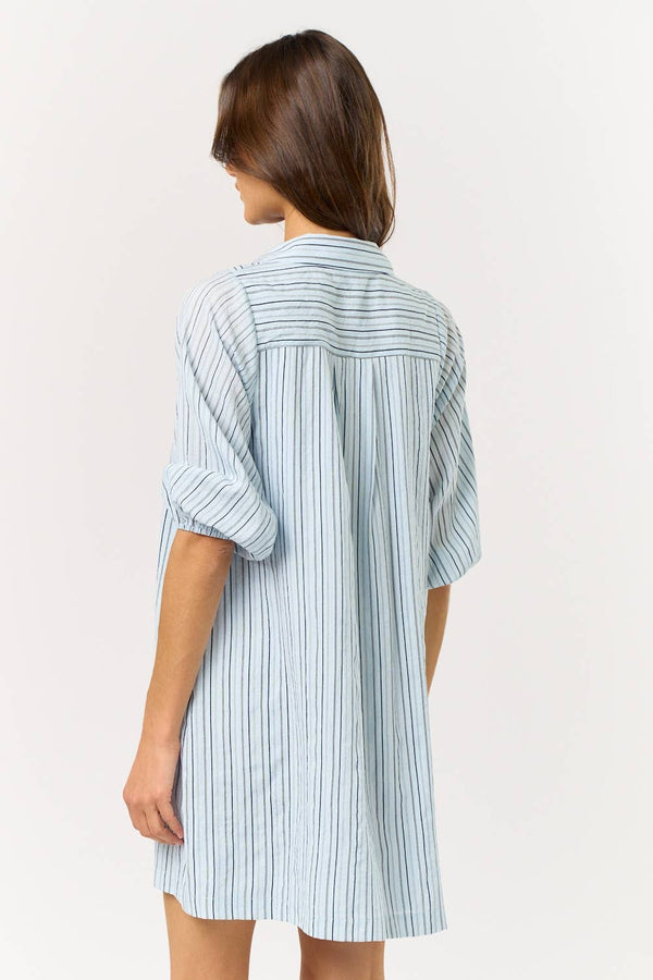 striped puff sleeve dress | blue