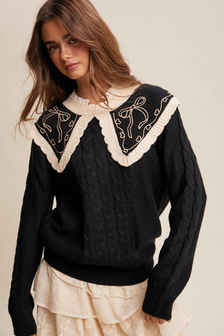bow embroidered cable knit sweater | black