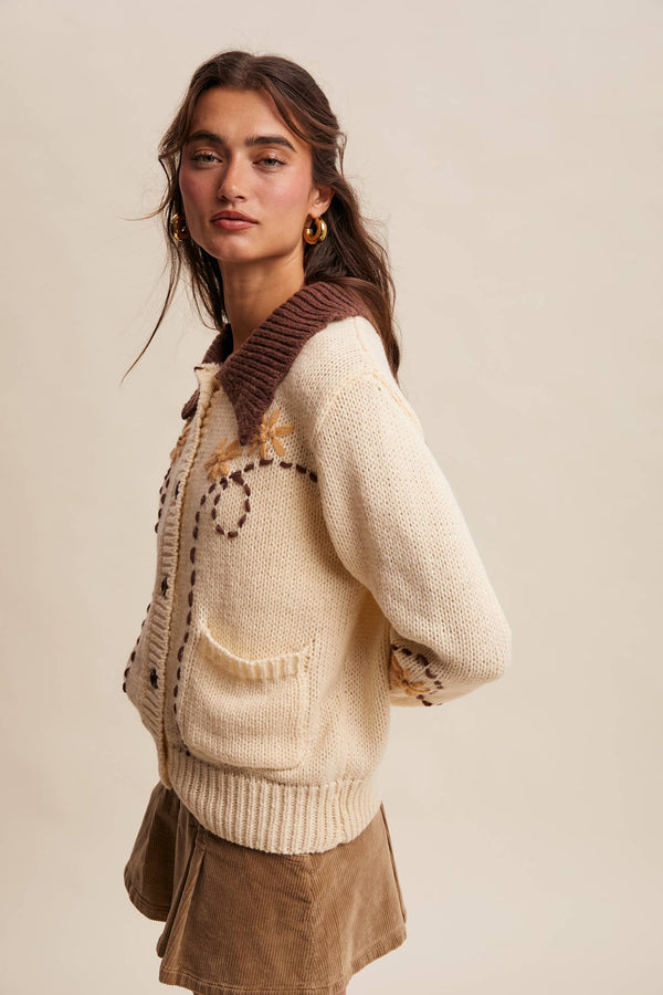 western embroidered collar cardigan | ivory