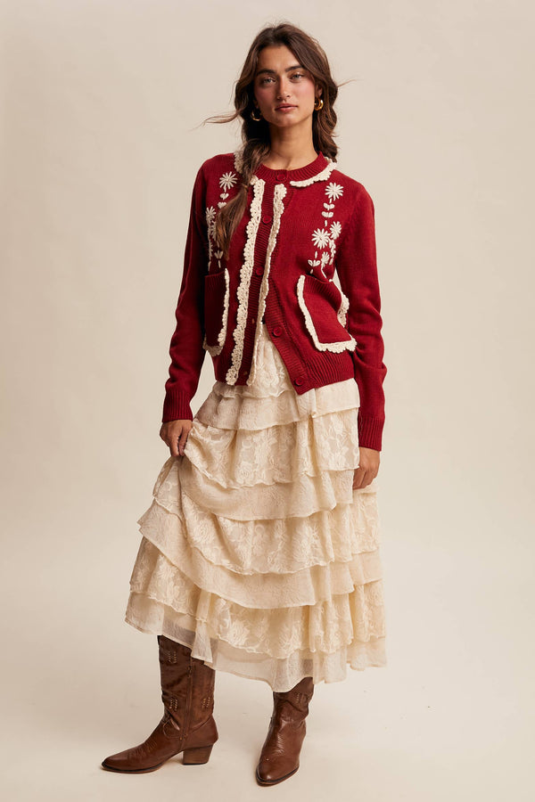 daisy embroidered trim cardigan sweater | crimson