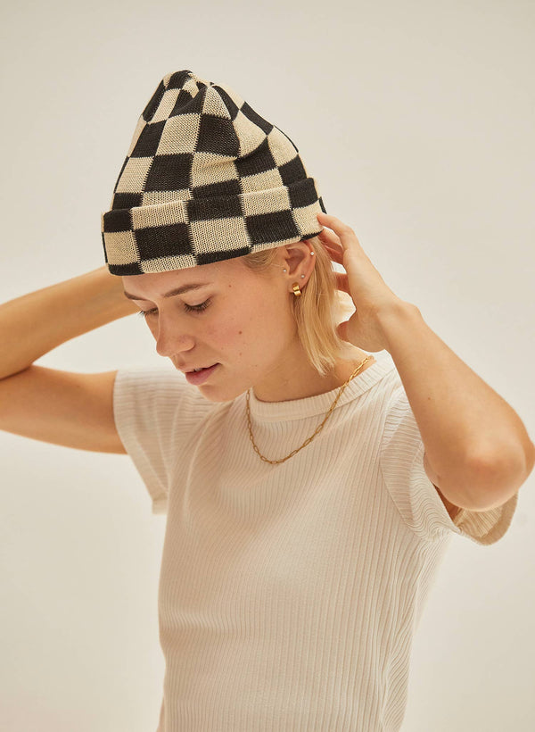 black & cream checkerboard | slacker beanie