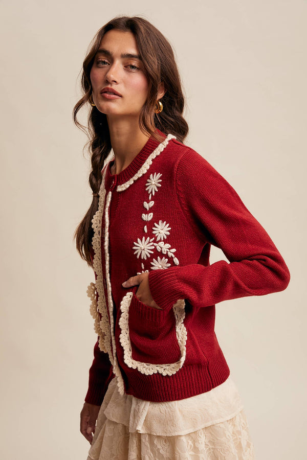 daisy embroidered trim cardigan sweater | crimson