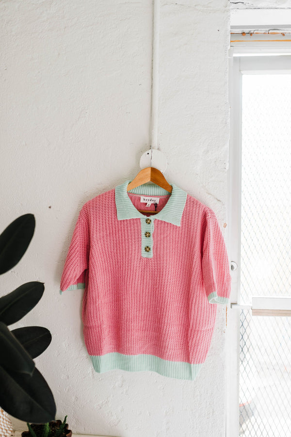 contrast short sleeve sweater | pink