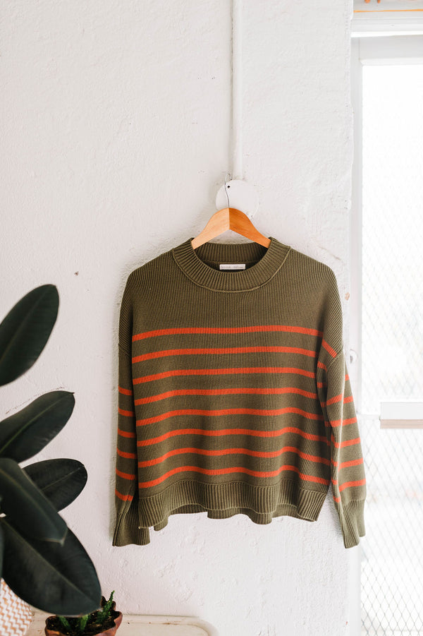 chunky knit stripe sweater | olive + red