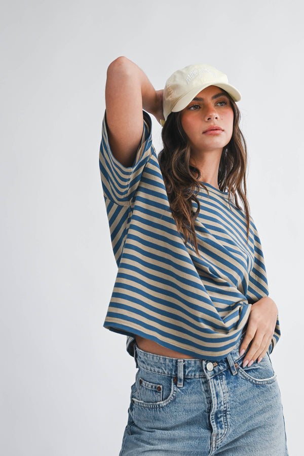 oversized boyfriend tee | blue + tan stripe