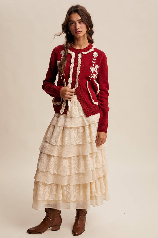 daisy embroidered trim cardigan sweater | crimson