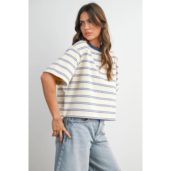 boxy stripe crop tee | ivory + blue