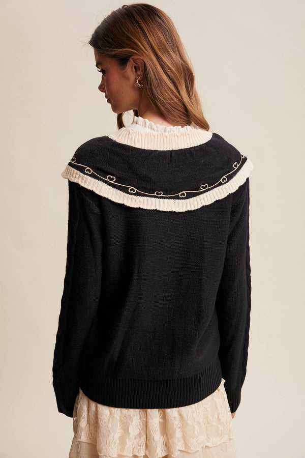 bow embroidered cable knit sweater | black