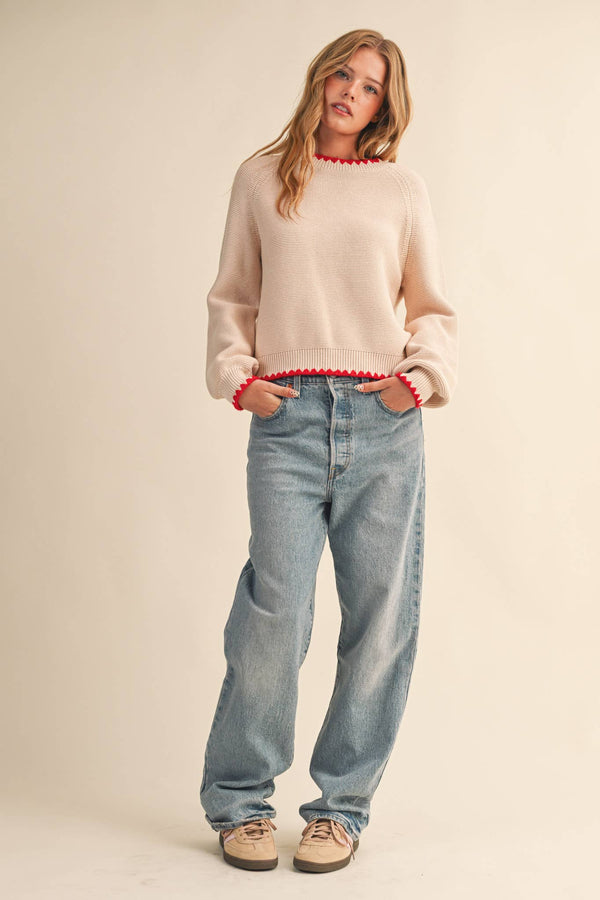 scallop puff sleeve sweater | almond red