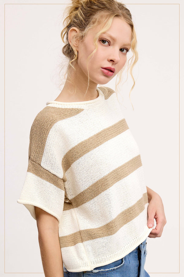 boxy stripe sweater top | taupe + cream