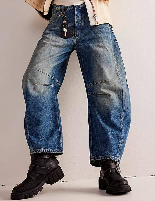 mid-rise wide leg barrel pants | dark blue