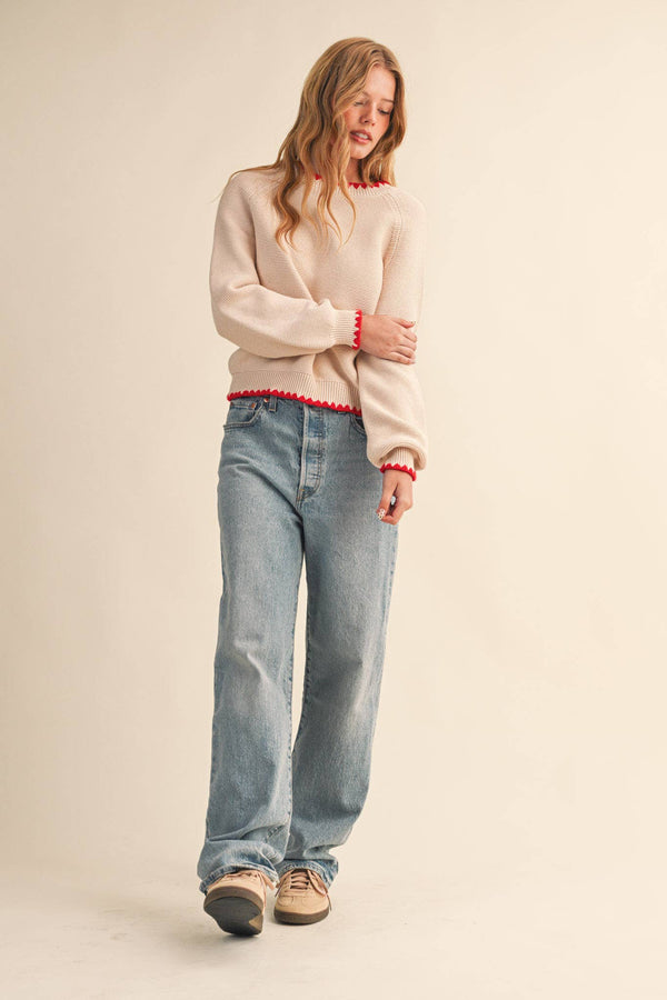 scallop puff sleeve sweater | almond red