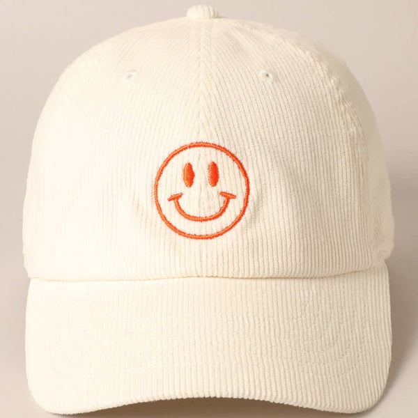 happy face embroidered corduroy baseball cap | off white