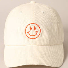 happy face embroidered corduroy baseball cap | off white