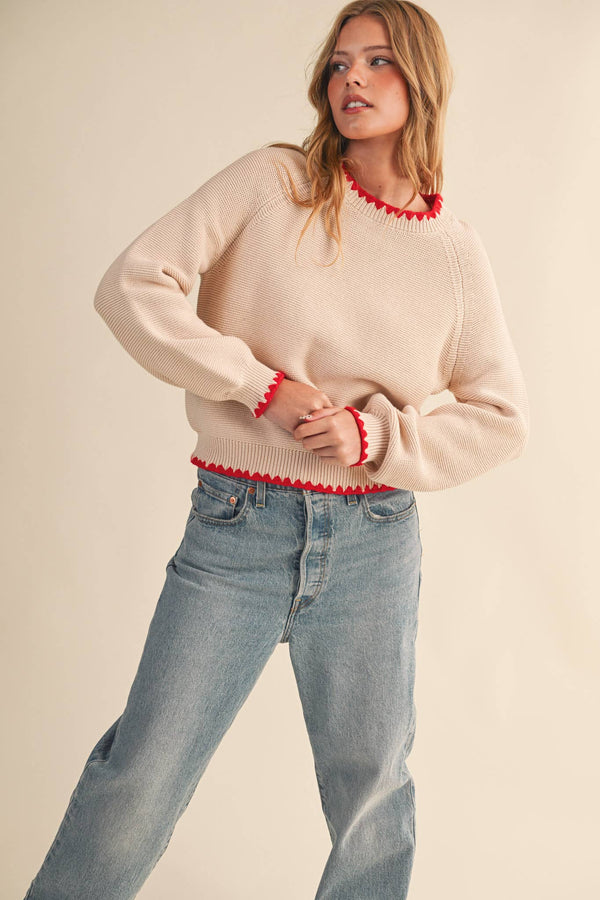 scallop puff sleeve sweater | almond red