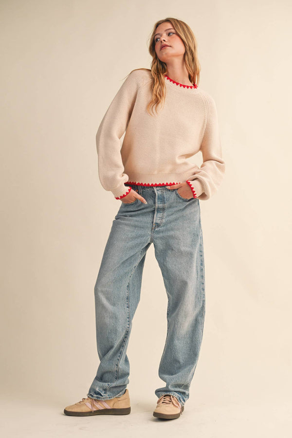 scallop puff sleeve sweater | almond red