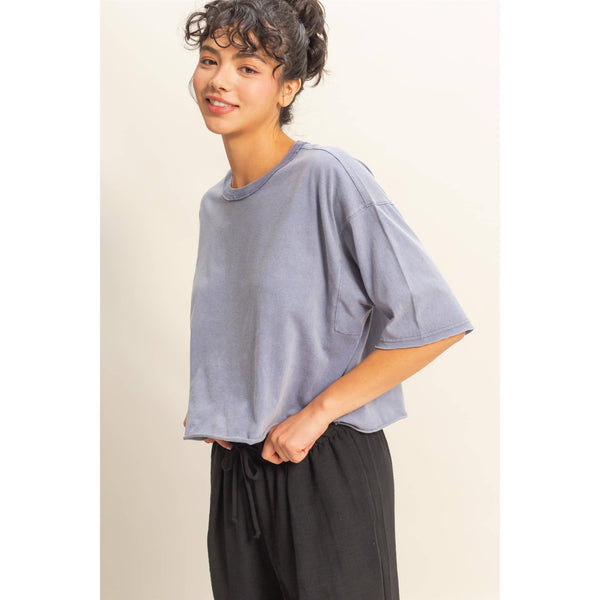 drop shoulder wide fit crop | washed indigo
