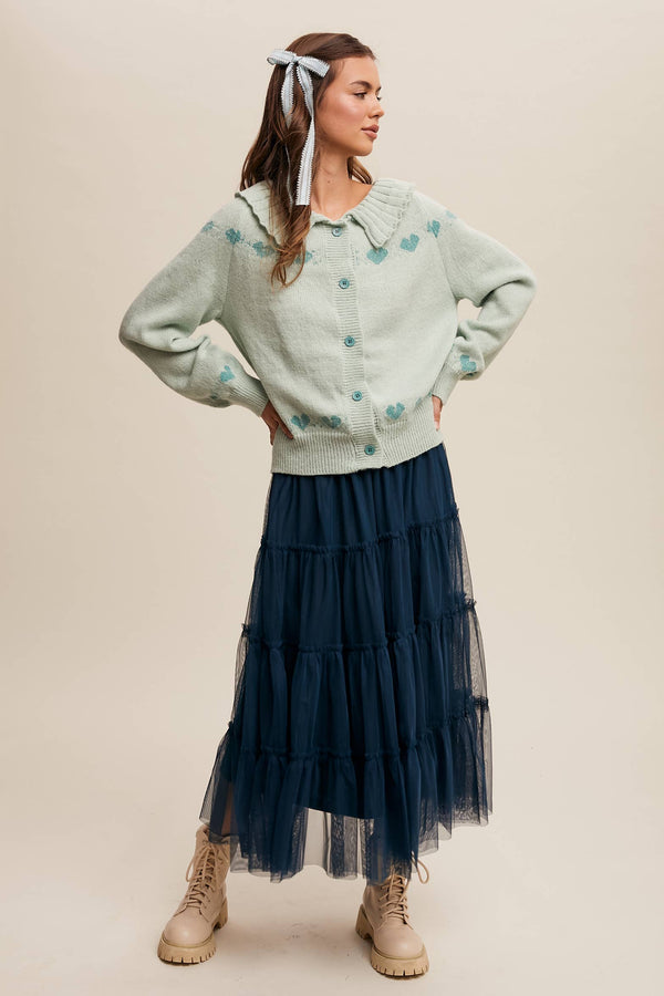 heart pattern knit cardigan | aqua mint