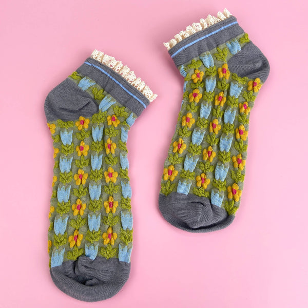 floral lace socks | green + grey
