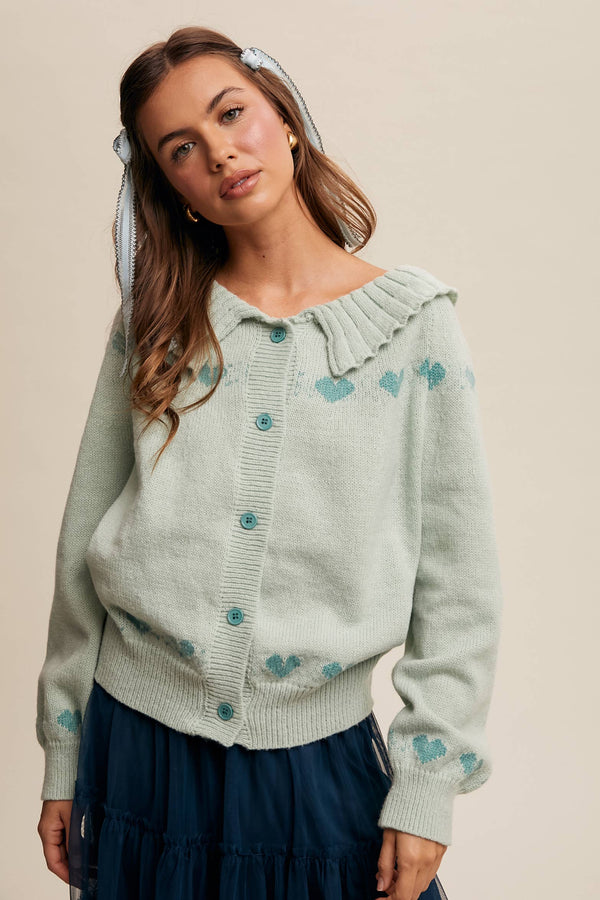 heart pattern knit cardigan | aqua mint
