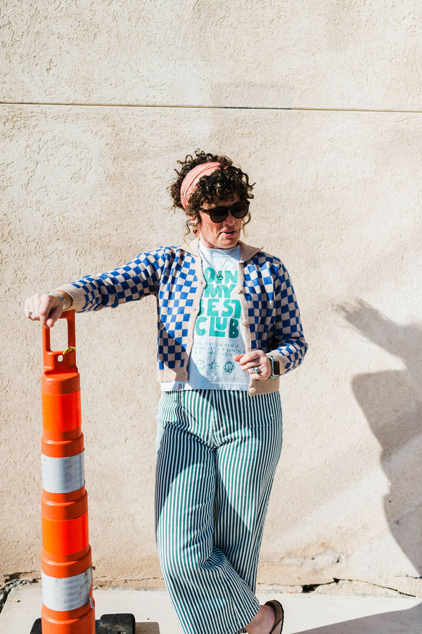 chessboard v-neck | blue + tan cardigan