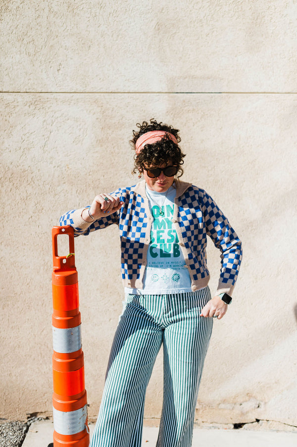 chessboard v-neck | blue + tan cardigan