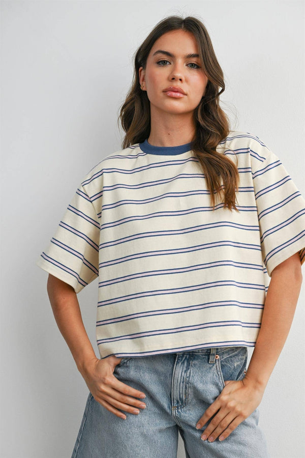 boxy stripe crop tee | ivory + blue