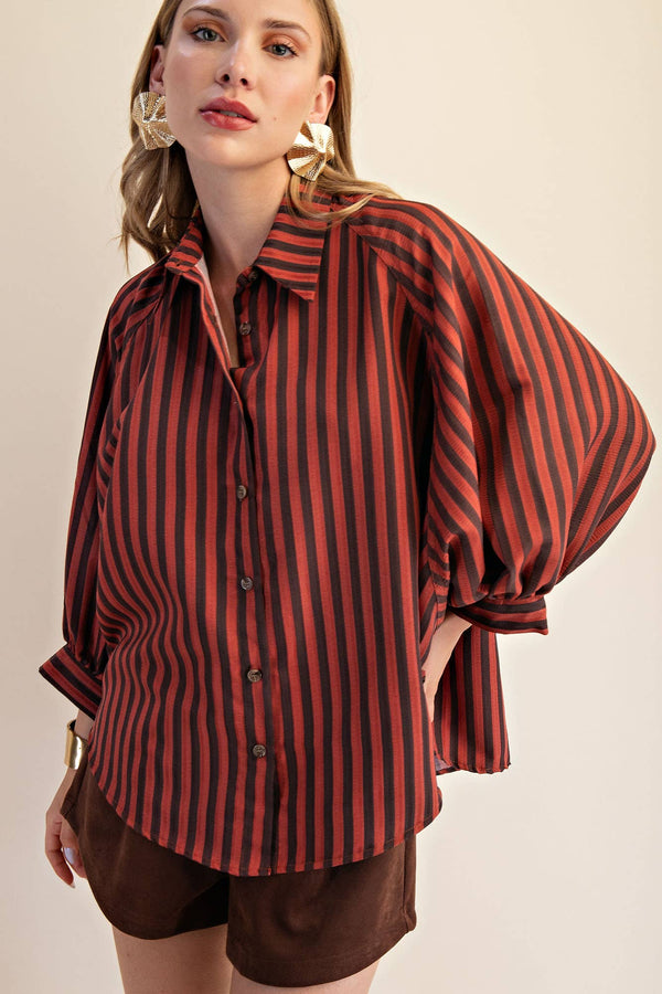 button front stripe shirt | rust