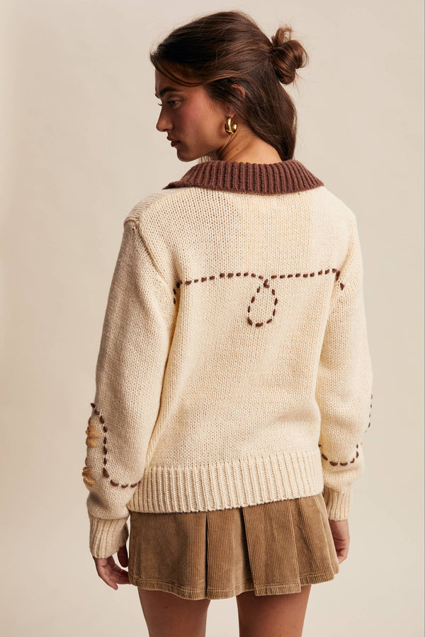 western embroidered collar cardigan | ivory