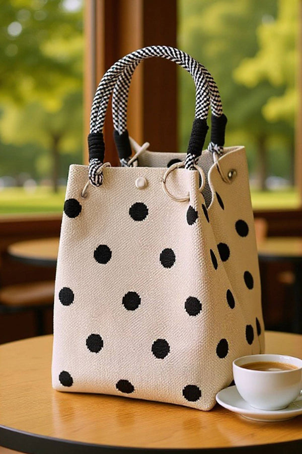 polka dot rope hand bag | black and cream